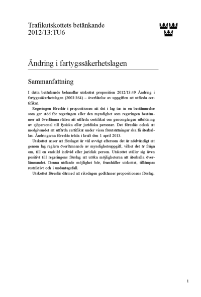 Omslaget till bet. 2012/13:TU6