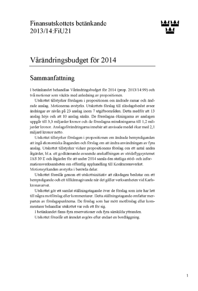Omslaget till bet. 2013/14:FiU21