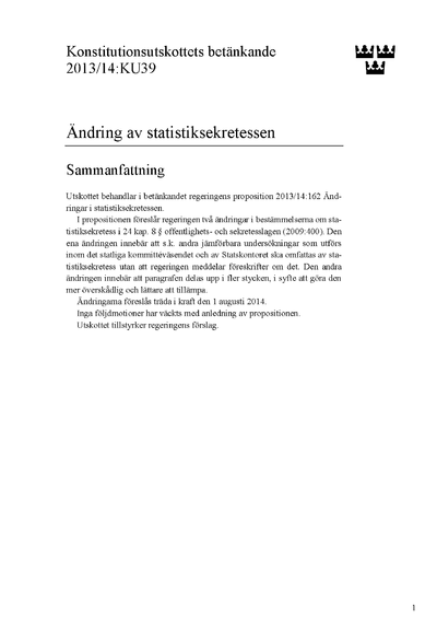 Omslaget till bet. 2013/14:KU39