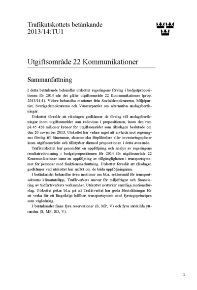 Omslaget till bet. 2013/14:TU1