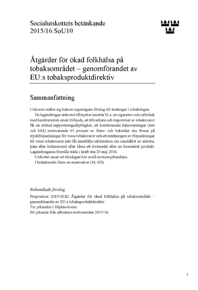 Omslaget till bet. 2015/16:SoU10