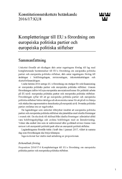 Omslaget till bet. 2016/17:KU8