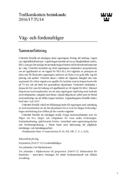 Omslaget till bet. 2016/17:TU14