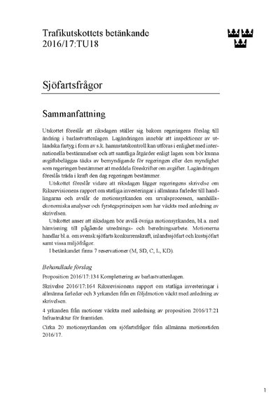 Omslaget till bet. 2016/17:TU18