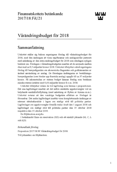 Omslaget till bet. 2017/18:FiU21