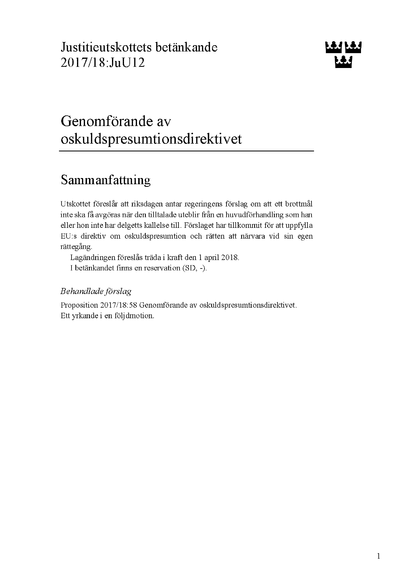 Omslaget till bet. 2017/18:JuU12