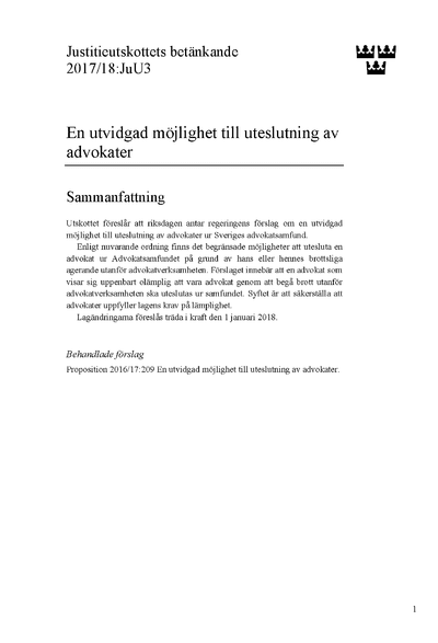 Omslaget till bet. 2017/18:JuU3