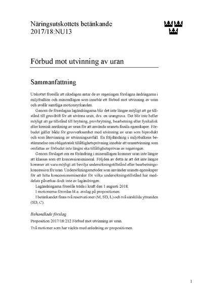 Omslaget till bet. 2017/18:NU13