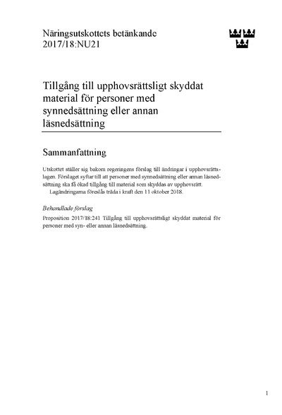 Omslaget till bet. 2017/18:NU21