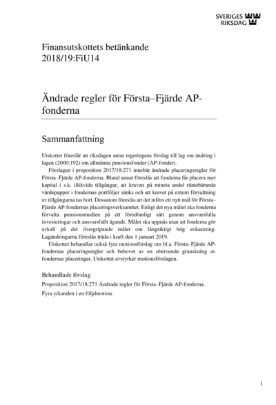 Omslaget till bet. 2018/19:FiU14