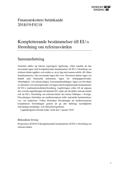 Omslaget till bet. 2018/19:FiU18