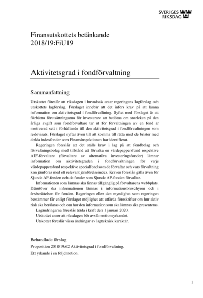 Omslaget till bet. 2018/19:FiU19