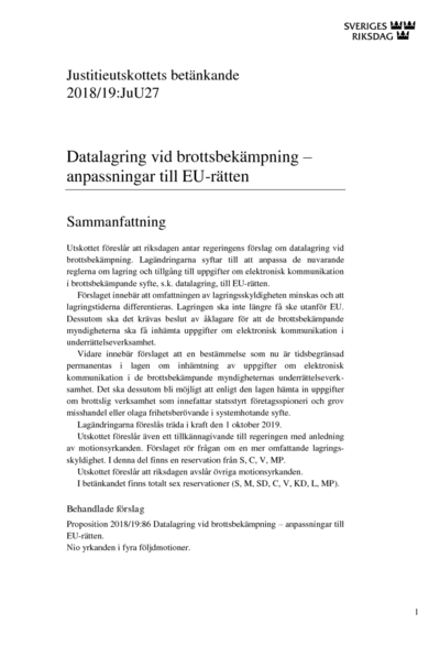 Omslaget till bet. 2018/19:JuU27