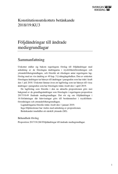 Omslaget till bet. 2018/19:KU3