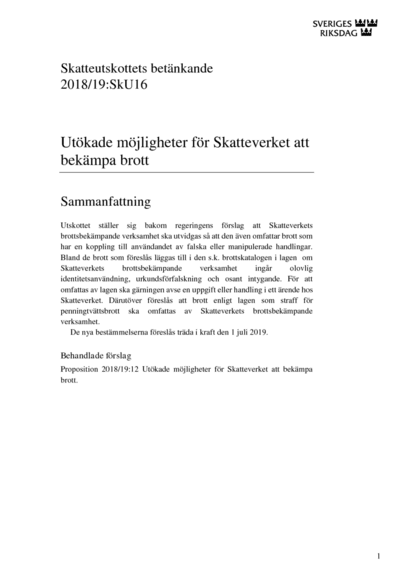 Omslaget till bet. 2018/19:SkU16