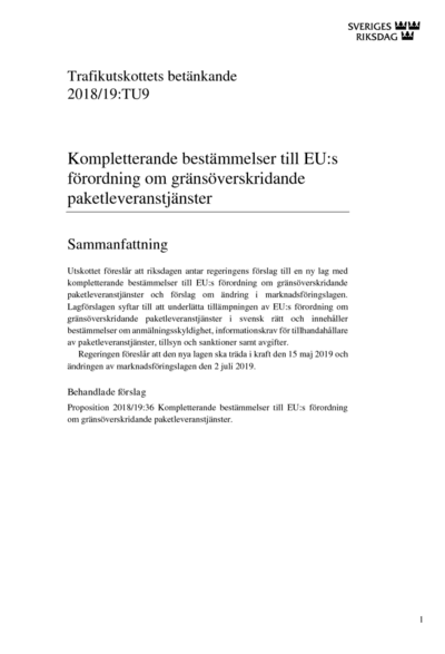 Omslaget till bet. 2018/19:TU9