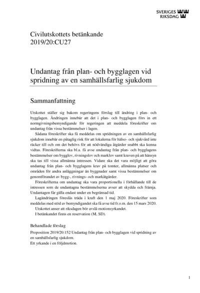 Omslaget till bet. 2019/20:CU27