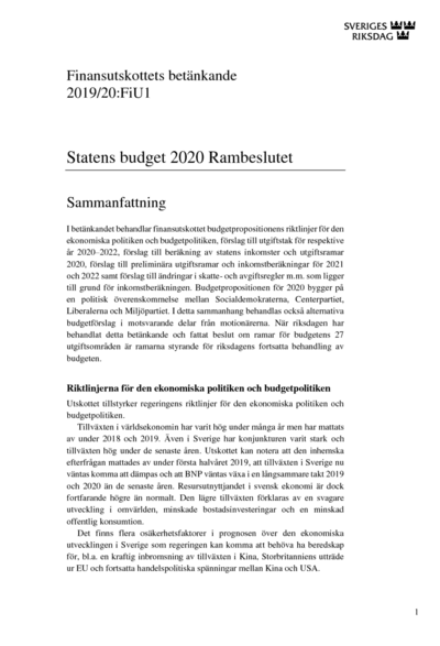 Omslaget till bet. 2019/20:FiU1