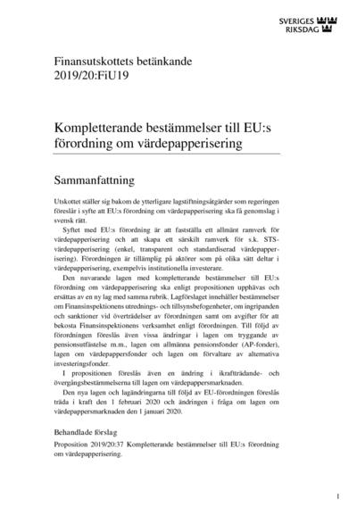 Omslaget till bet. 2019/20:FiU19
