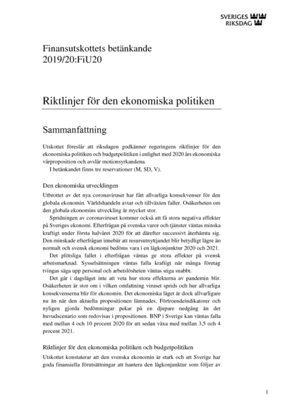 Omslaget till bet. 2019/20:FiU20