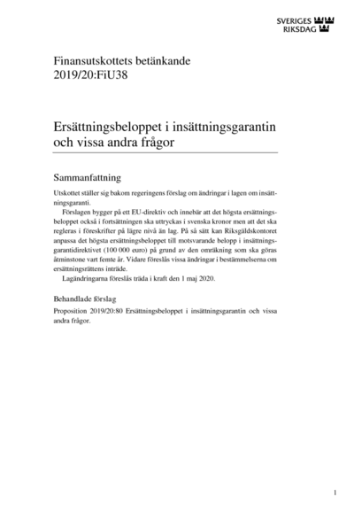 Omslaget till bet. 2019/20:FiU38