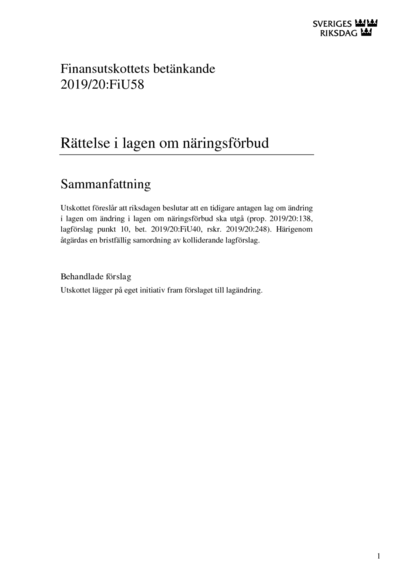 Omslaget till bet. 2019/20:FiU58