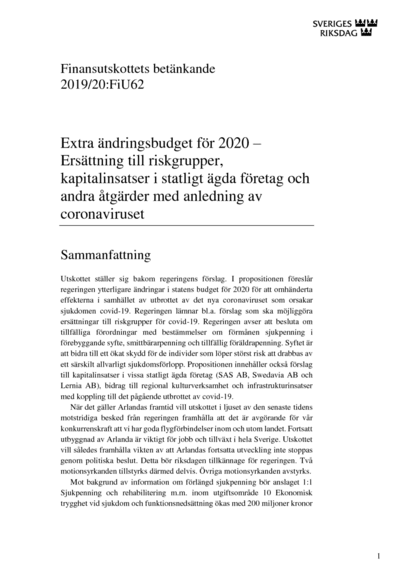 Omslaget till bet. 2019/20:FiU62
