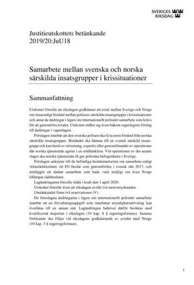 Omslaget till bet. 2019/20:JuU18