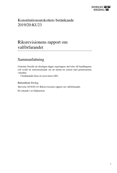 Omslaget till bet. 2019/20:KU23