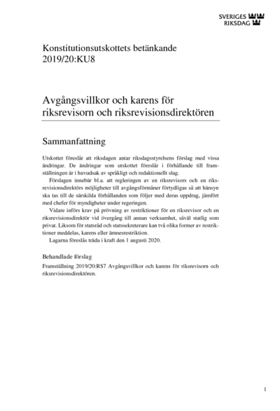 Omslaget till bet. 2019/20:KU8