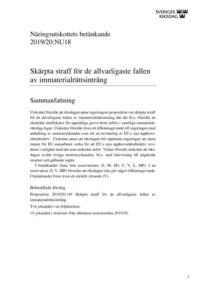 Omslaget till bet. 2019/20:NU18