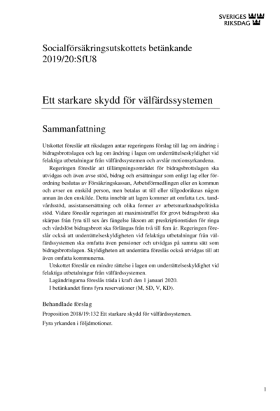Omslaget till bet. 2019/20:SfU8