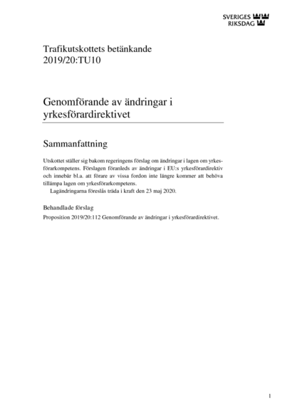 Omslaget till bet. 2019/20:TU10