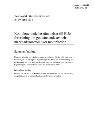 Omslaget till bet. 2019/20:TU17