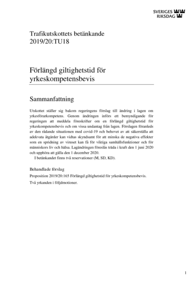 Omslaget till bet. 2019/20:TU18