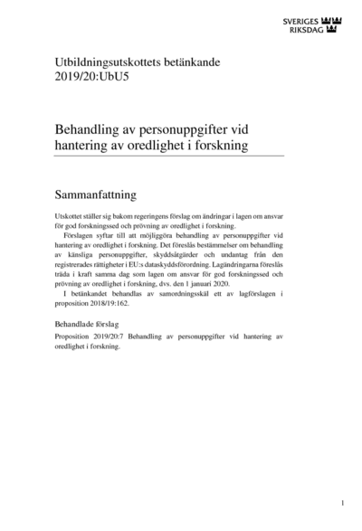 Omslaget till bet. 2019/20:UbU5