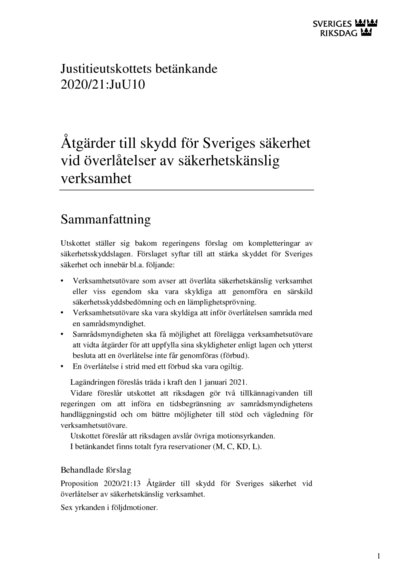 Omslaget till bet. 2020/21:JuU10