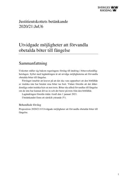 Omslaget till bet. 2020/21:JuU6