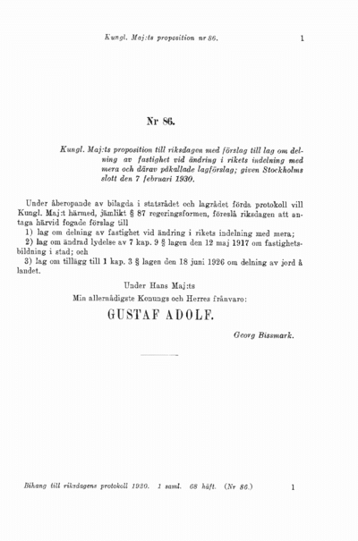 Prop. 1930:86 med förslag till lag om delning av fastighet vid