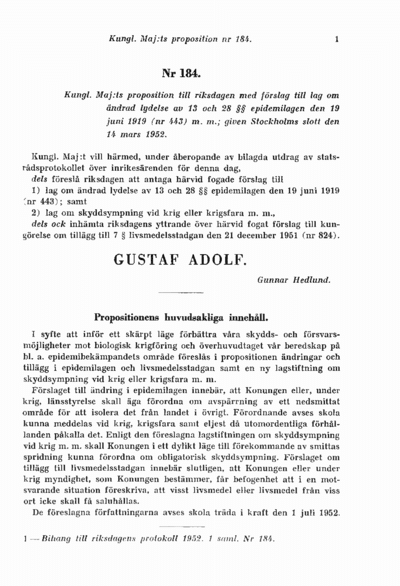 Omslaget till prop. 1952:184