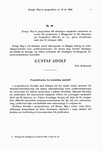 Omslaget till prop. 1964:49