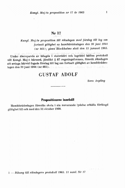 Omslaget till prop. 1965:17