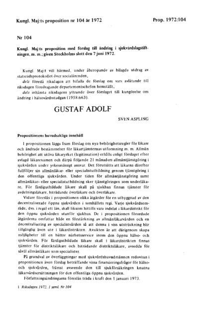 Omslaget till prop. 1972:104