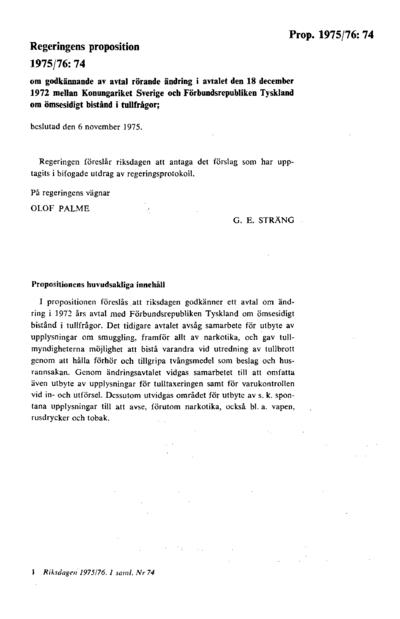 Omslaget till prop. 1975/76:74