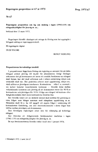 Omslaget till prop. 1975:67