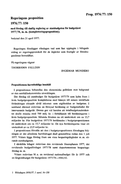Omslaget till prop. 1976/77:150