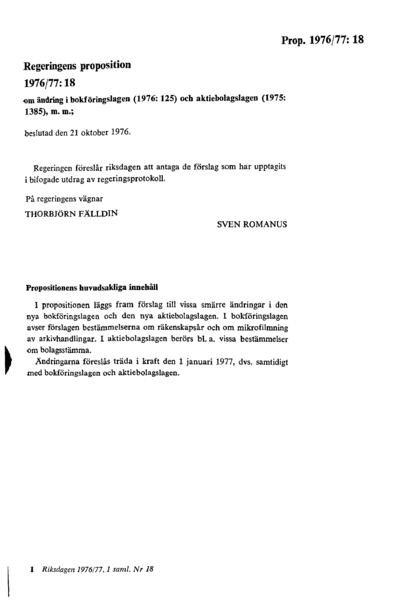 Omslaget till prop. 1976/77:18