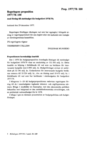 Omslaget till prop. 1977/78:100