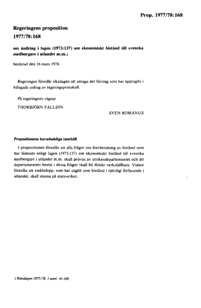 Omslaget till prop. 1977/78:168