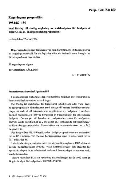 Omslaget till prop. 1981/82:150